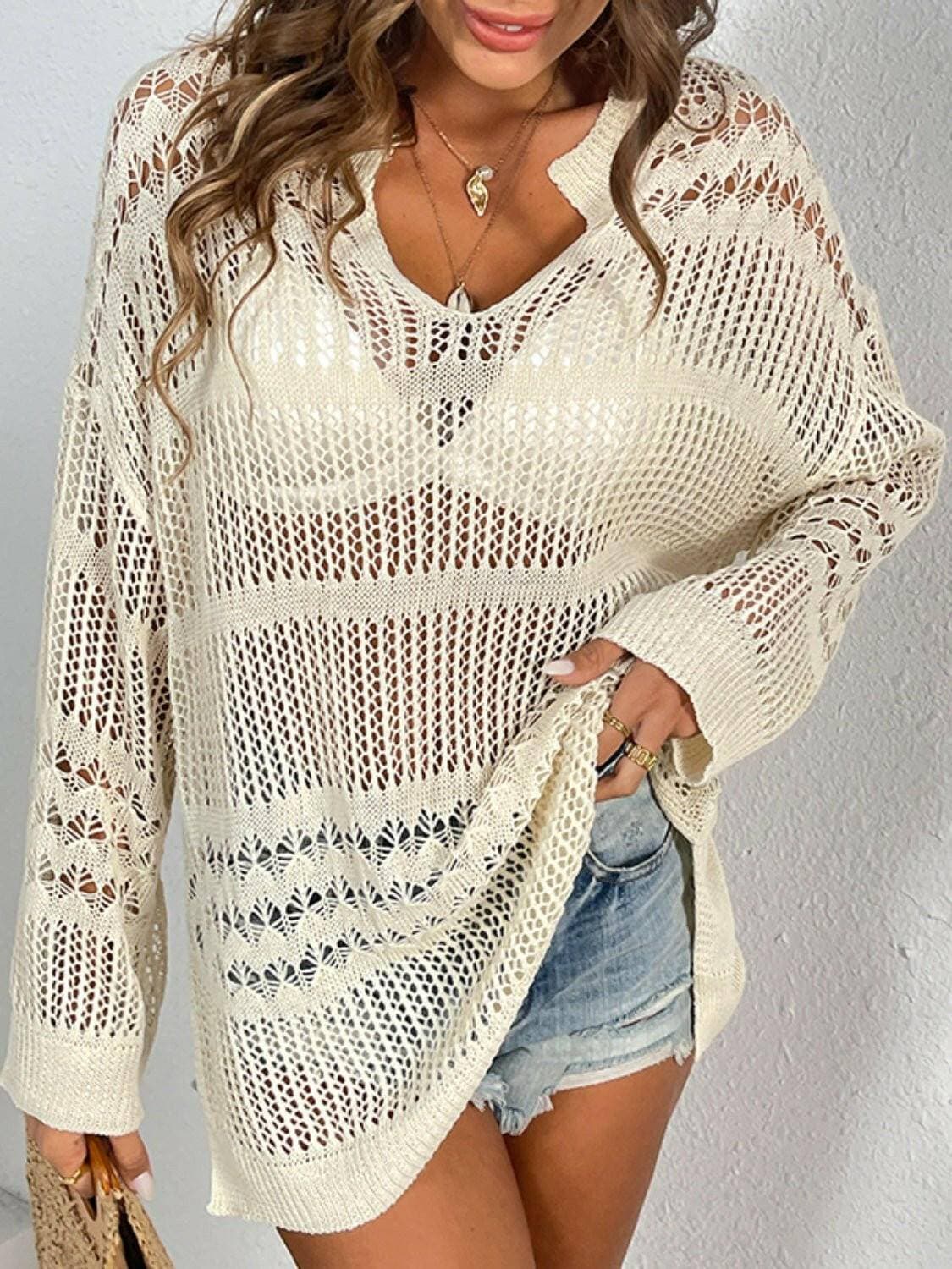 Cutout Notched Long Sleeve Cover-Up - Love Salve 