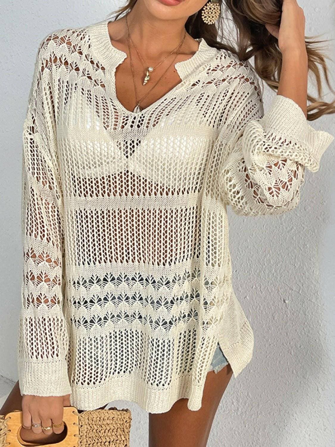 Cutout Notched Long Sleeve Cover-Up - Love Salve 