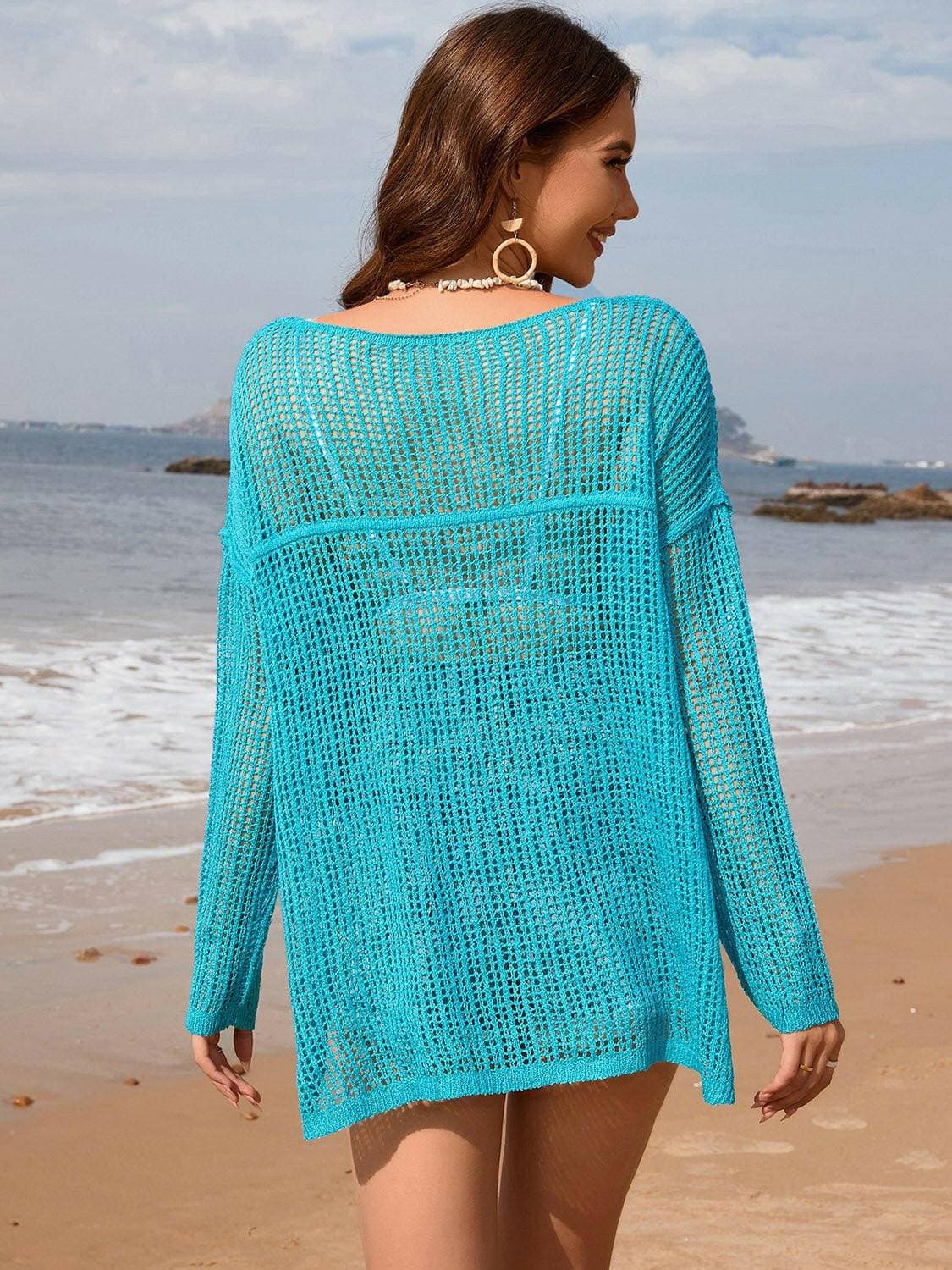 Stylish Sheer Boat Neck Openwork Cover-Up with Long Sleeves - Love Salve 