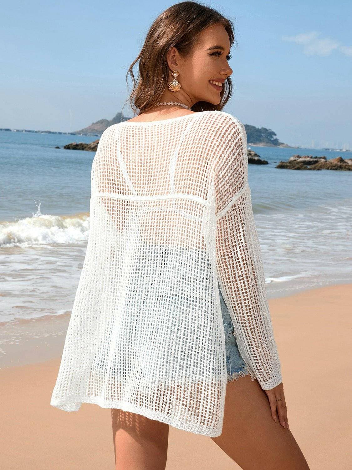 Stylish Sheer Boat Neck Openwork Cover-Up with Long Sleeves - Love Salve 