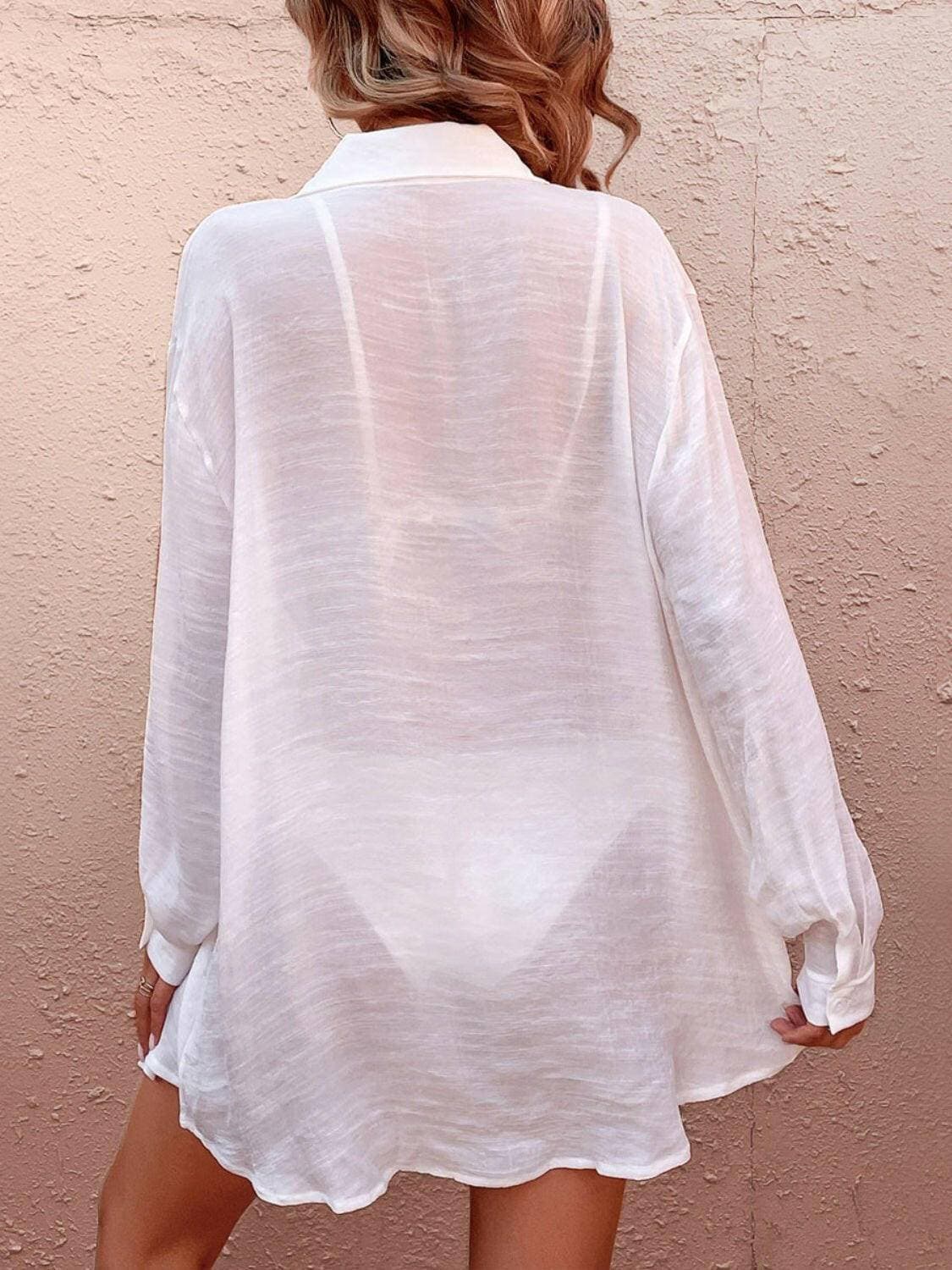 Pocketed Dropped Shoulder Button-Up Cover Up for Effortless Style - Love Salve 