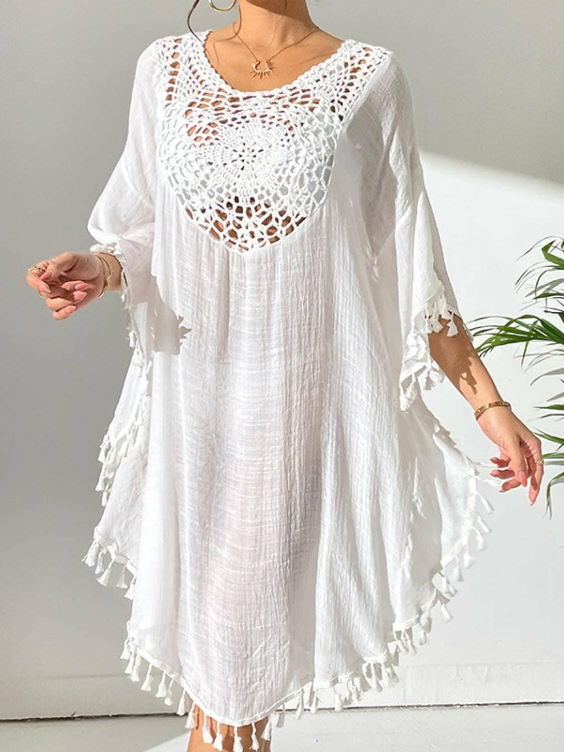 Tassel Cutout Beach Cover-Up Dress with Scoop Neck - Love Salve 