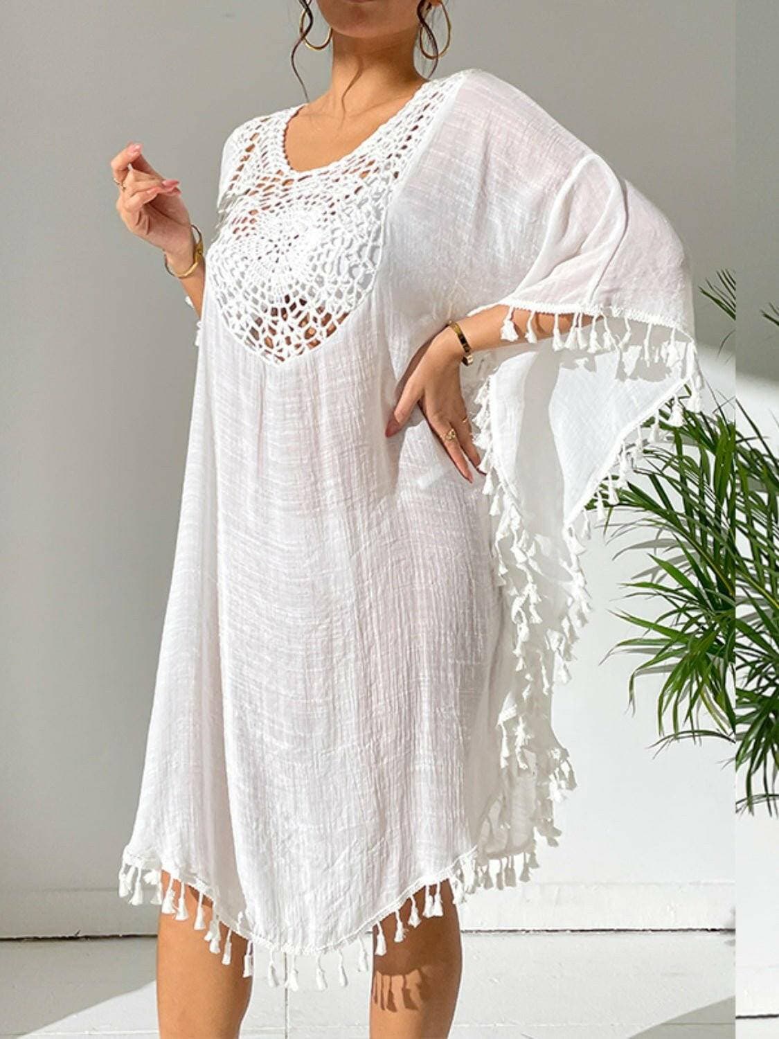 Tassel Cutout Beach Cover-Up Dress with Scoop Neck - Love Salve 