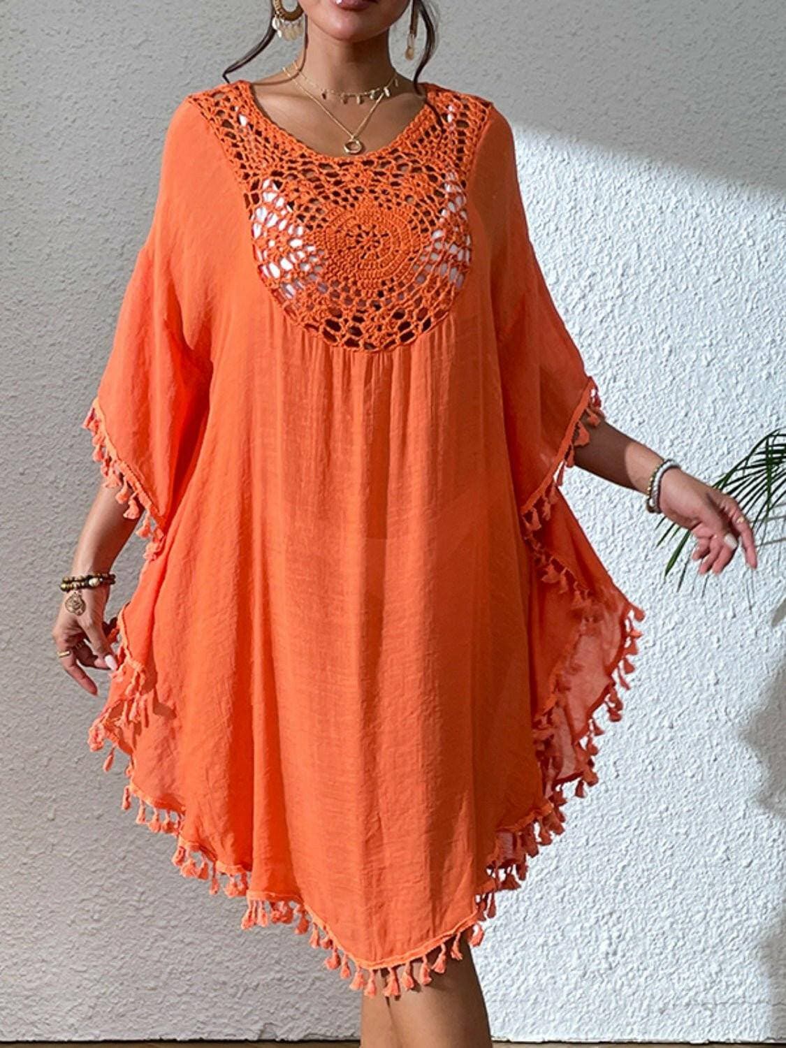 Tassel Cutout Beach Cover-Up Dress with Scoop Neck - Love Salve 