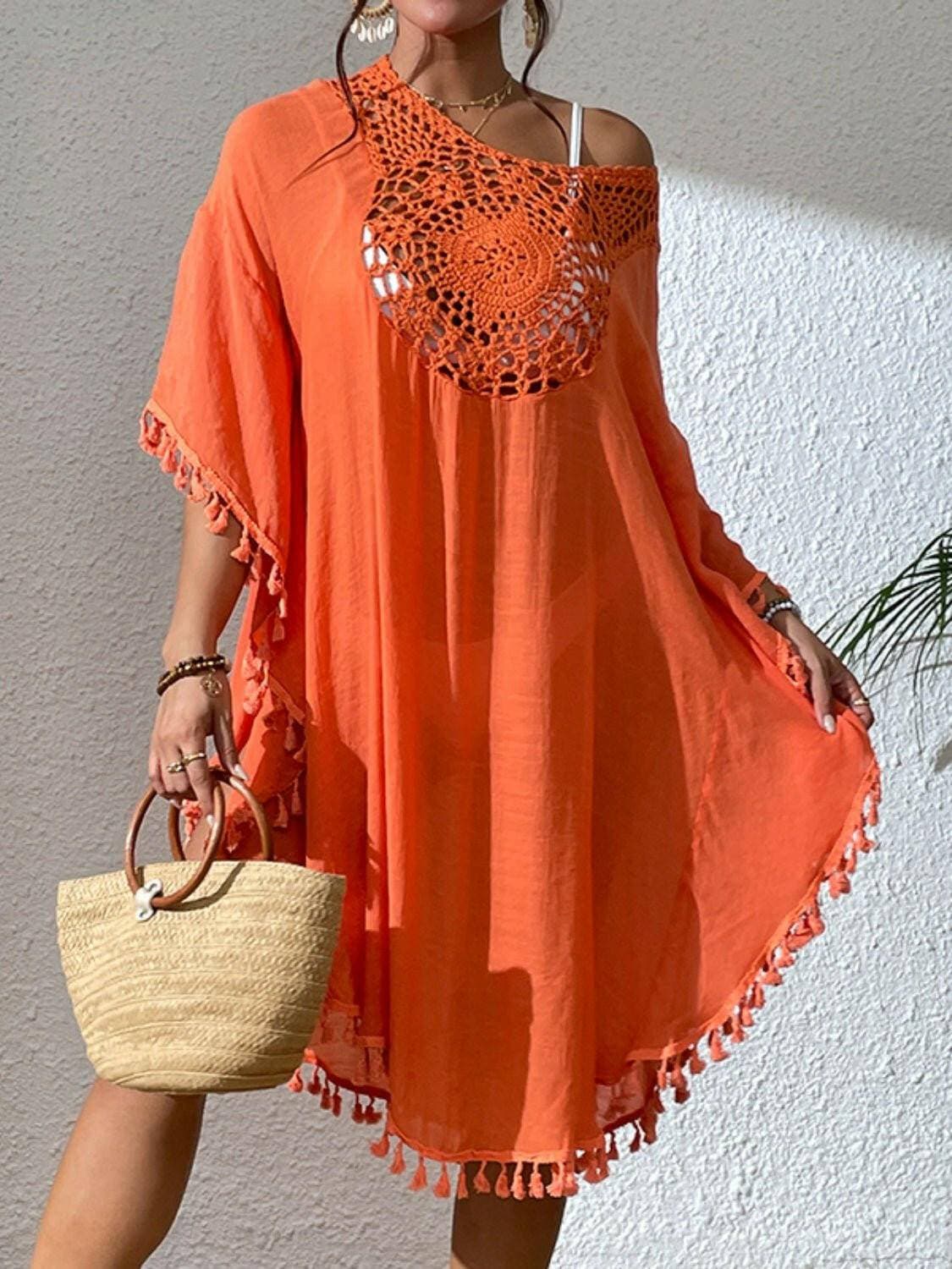 Tassel Cutout Beach Cover-Up Dress with Scoop Neck - Love Salve 