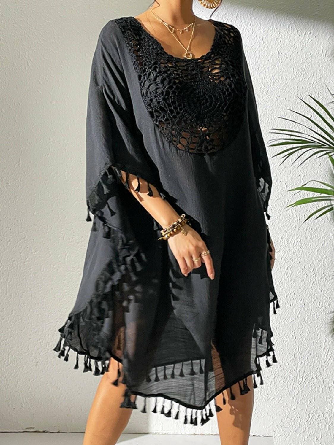 Tassel Cutout Beach Cover-Up Dress with Scoop Neck - Love Salve 