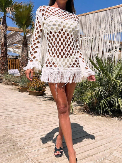 Beach Chic Fringed Sheer Cutout Sleeve Cover-Up - Love Salve 