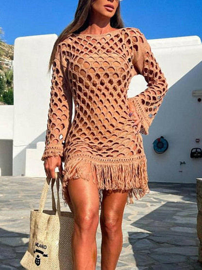 Beach Chic Fringed Sheer Cutout Sleeve Cover-Up - Love Salve 