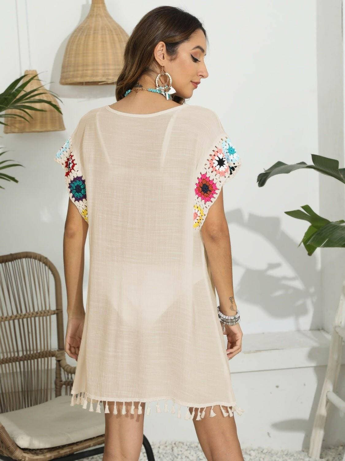 Tassel Boat Neck Sheer Flutter Sleeve Cover UpTassel Boat Neck Sheer Flutter Sleeve Cover Up
 Stay effortlessly stylish in our Tassel Boat Neck Sheer Flutter Sleeve Cover Up! Embrace the chic design that featureLove Salve Tassel Boat Neck Sheer Flutter Sleeve Coverswimwear