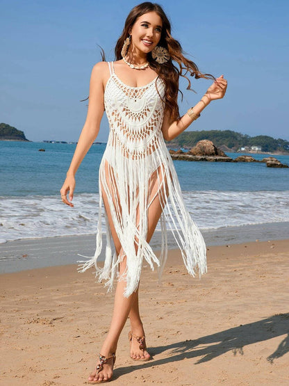 Beach Chic Fringed Sheer Cover-Up with Spaghetti StrapsBeach Chic Fringed Sheer Cover-Up with Spaghetti Straps
 Upgrade your beach attire with our Fringed Sheer Cover-Up, designed to elevate your seaside style.

 Main FeLove Salve Beach Chic Fringed Sheer Cover-swimwear