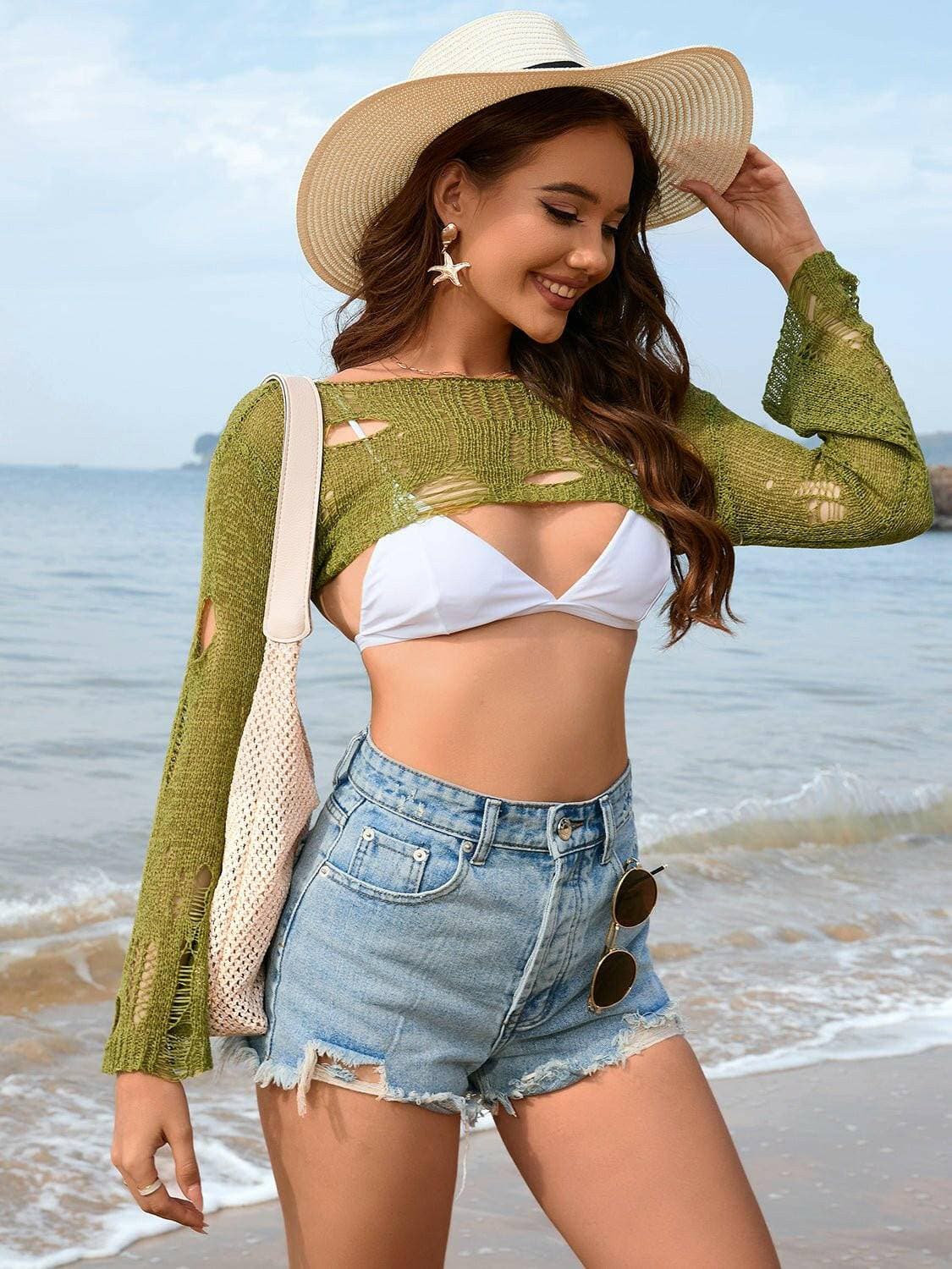 Sheer Boat Neck Long Sleeve Beach Cover-UpSheer Boat Neck Long Sleeve Beach Cover-Up
 Step into effortless elegance with our Sheer Boat Neck Long Sleeve Beach Cover-Up. Indulge in sensuous sheerness with theLove Salve Sheer Boat Neck Long Sleeve Beach Cover-swimwear