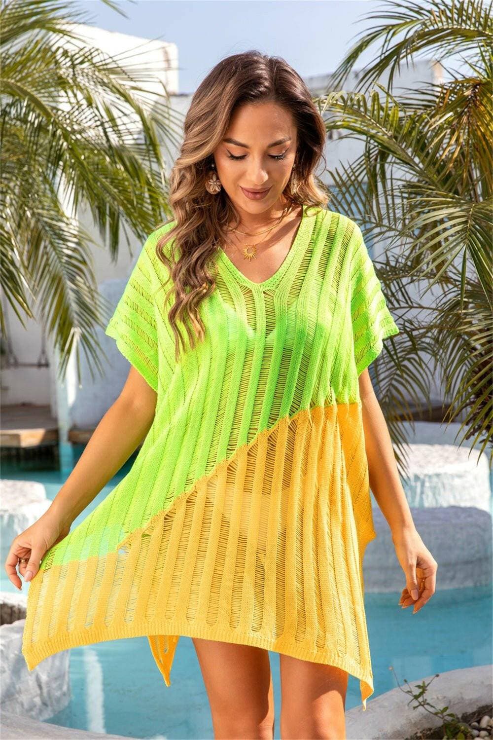 Vibrant V-Neck Sheer Cover UpVibrant V-Neck Sheer Cover Up
 Upgrade your beach look with the Vibrant V-Neck Sheer Cover Up! Embrace sheer elegance and channel your inner goddess with its slit shLove Salve -Neck Sheer Coverswimwear