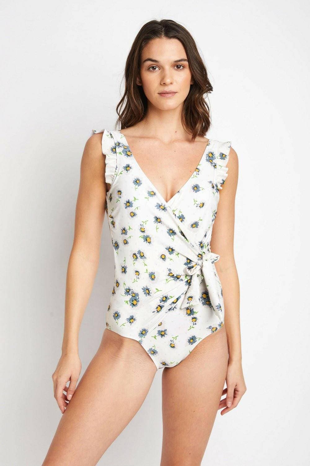 Chic daisy cream ruffle wrap swimsuit for a stylish summer