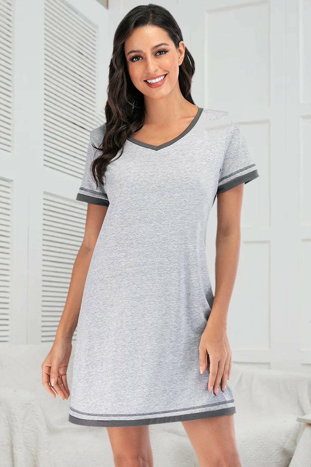 Cozy Chic Short Sleeve Lounge Dress with Contrast DetailCozy Chic Short Sleeve Lounge Dress with Contrast Detail
 Experience the perfect blend of style and comfort with our Cozy Chic Lounge Dress featuring a unique contraLove Salve Cozy Chic Short Sleeve Lounge Dressswimwear