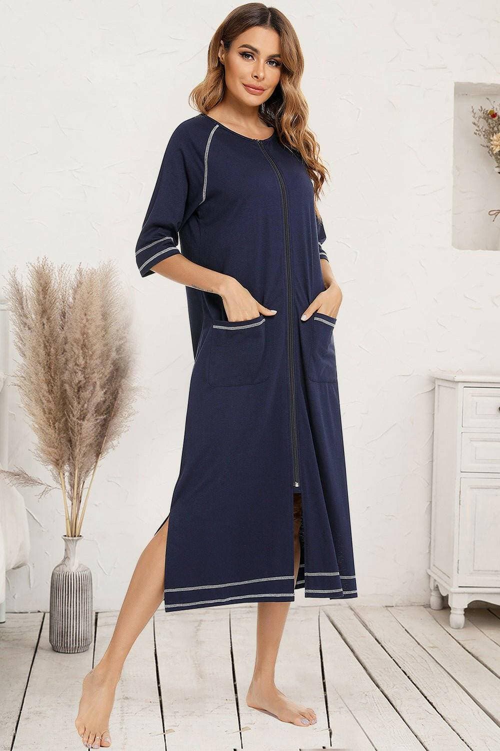 Night Dress with Zipper Closure, Slit Detail, and Handy PocketsNight Dress with Zipper Closure, Slit Detail, and Handy Pockets
 Upgrade your nighttime style with our versatile Night Dress, designed to provide comfort and sophistLove Salve Zipper Closure, Slit Detail,swimwear