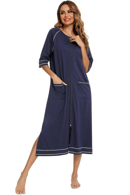 Night Dress with Zipper Closure, Slit Detail, and Handy PocketsNight Dress with Zipper Closure, Slit Detail, and Handy Pockets
 Upgrade your nighttime style with our versatile Night Dress, designed to provide comfort and sophistLove Salve Zipper Closure, Slit Detail,swimwear