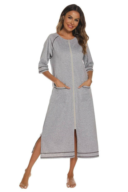 Night Dress with Zipper Closure, Slit Detail, and Handy PocketsNight Dress with Zipper Closure, Slit Detail, and Handy Pockets
 Upgrade your nighttime style with our versatile Night Dress, designed to provide comfort and sophistLove Salve Zipper Closure, Slit Detail,swimwear