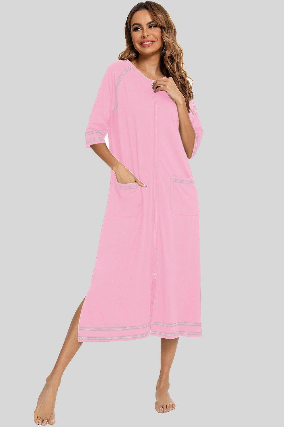 Night Dress with Zipper Closure, Slit Detail, and Handy PocketsNight Dress with Zipper Closure, Slit Detail, and Handy Pockets
 Upgrade your nighttime style with our versatile Night Dress, designed to provide comfort and sophistLove Salve Zipper Closure, Slit Detail,swimwear