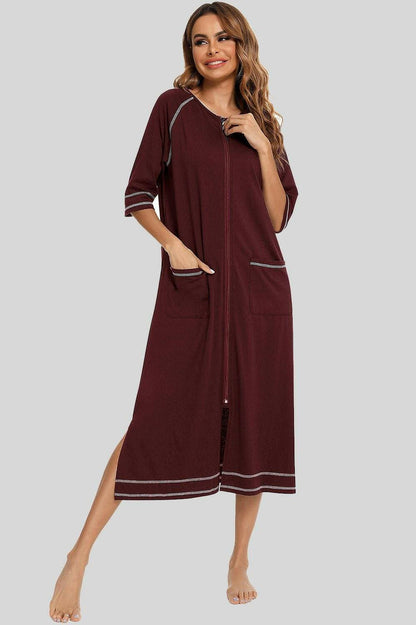 Night Dress with Zipper Closure, Slit Detail, and Handy PocketsNight Dress with Zipper Closure, Slit Detail, and Handy Pockets
 Upgrade your nighttime style with our versatile Night Dress, designed to provide comfort and sophistLove Salve Zipper Closure, Slit Detail,swimwear