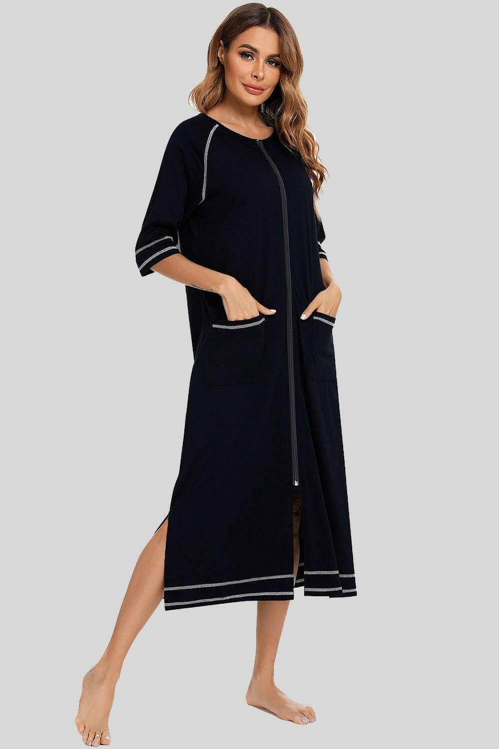 Night Dress with Zipper Closure, Slit Detail, and Handy PocketsNight Dress with Zipper Closure, Slit Detail, and Handy Pockets
 Upgrade your nighttime style with our versatile Night Dress, designed to provide comfort and sophistLove Salve Zipper Closure, Slit Detail,swimwear