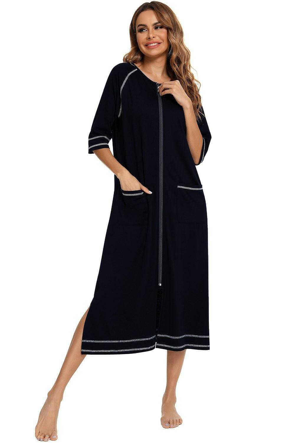 Night Dress with Zipper Closure, Slit Detail, and Handy PocketsNight Dress with Zipper Closure, Slit Detail, and Handy Pockets
 Upgrade your nighttime style with our versatile Night Dress, designed to provide comfort and sophistLove Salve Zipper Closure, Slit Detail,swimwear