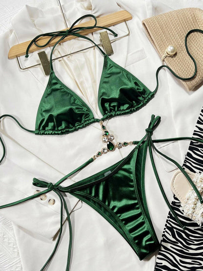 Rhinestone Embellished Halter Bikini with Tie-Side BottomsRhinestone Embellished Halter Bikini with Tie-Side Bottoms
 Step into the spotlight with our Rhinestone Embellished Halter Bikini with Tie-Side Bottoms, a radiant twLove Salve Rhinestone Embellished Halter Bikiniswimwear