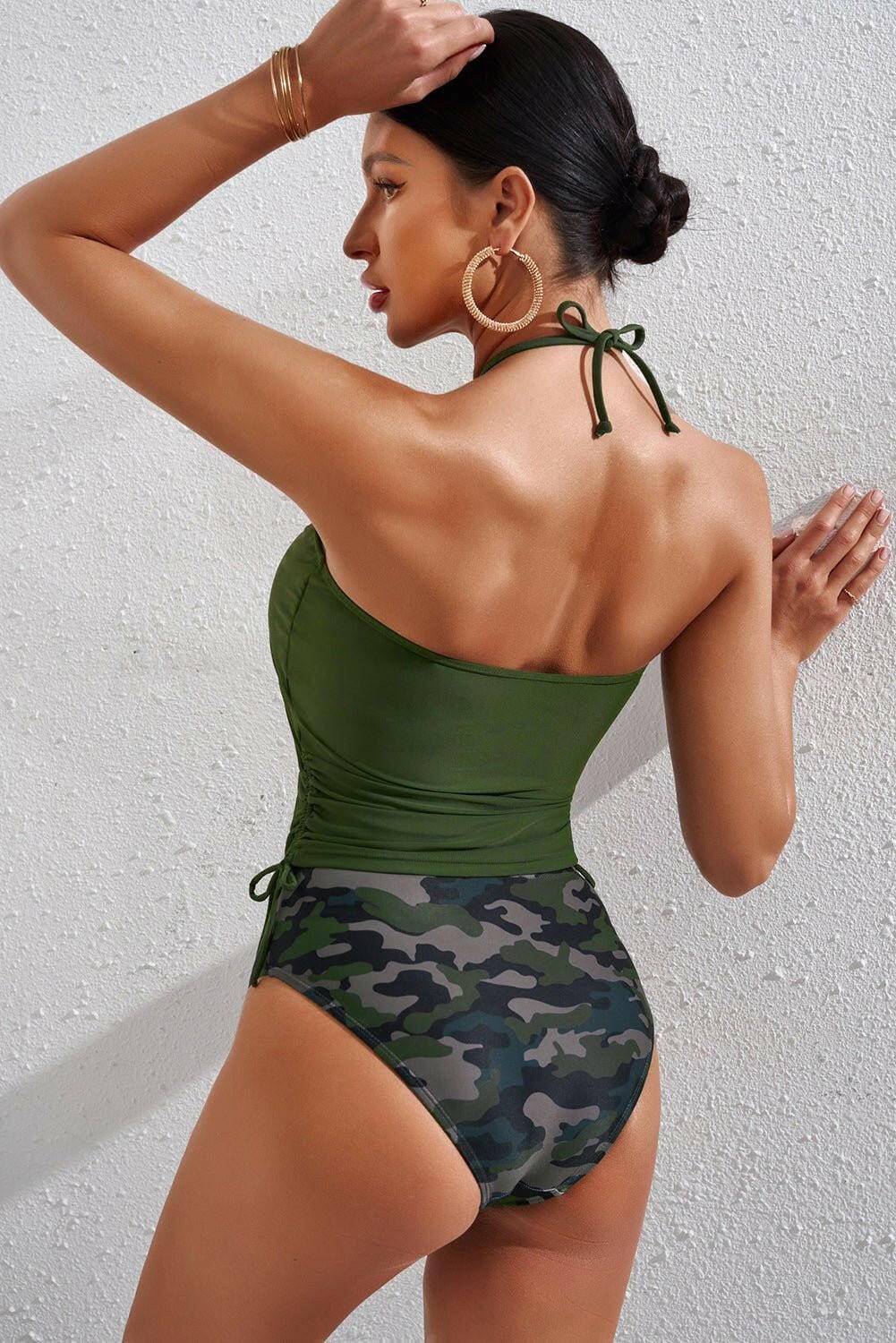 Ruched Halter Neck Camo Swim Set with Drawstring WaistRuched Halter Neck Camo Swim Set with Drawstring Waist
 Indulge in style and comfort with our Ruched Halter Neck Camo Swim Set. Dive into the details that make this Love Salve Ruched Halter Neck Camo Swim Setswimwear