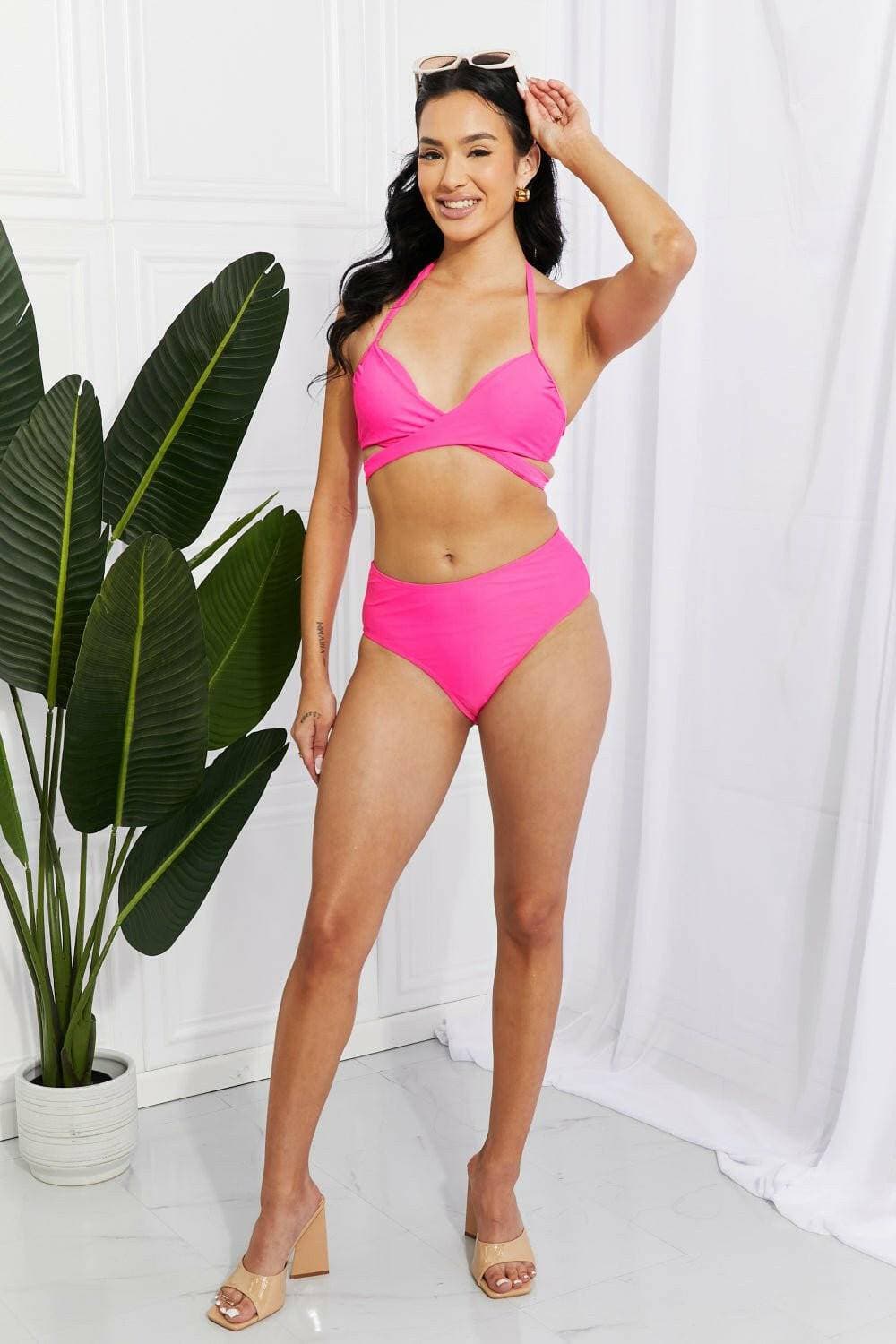 Chic double strap pink bikini set for stylish summer days