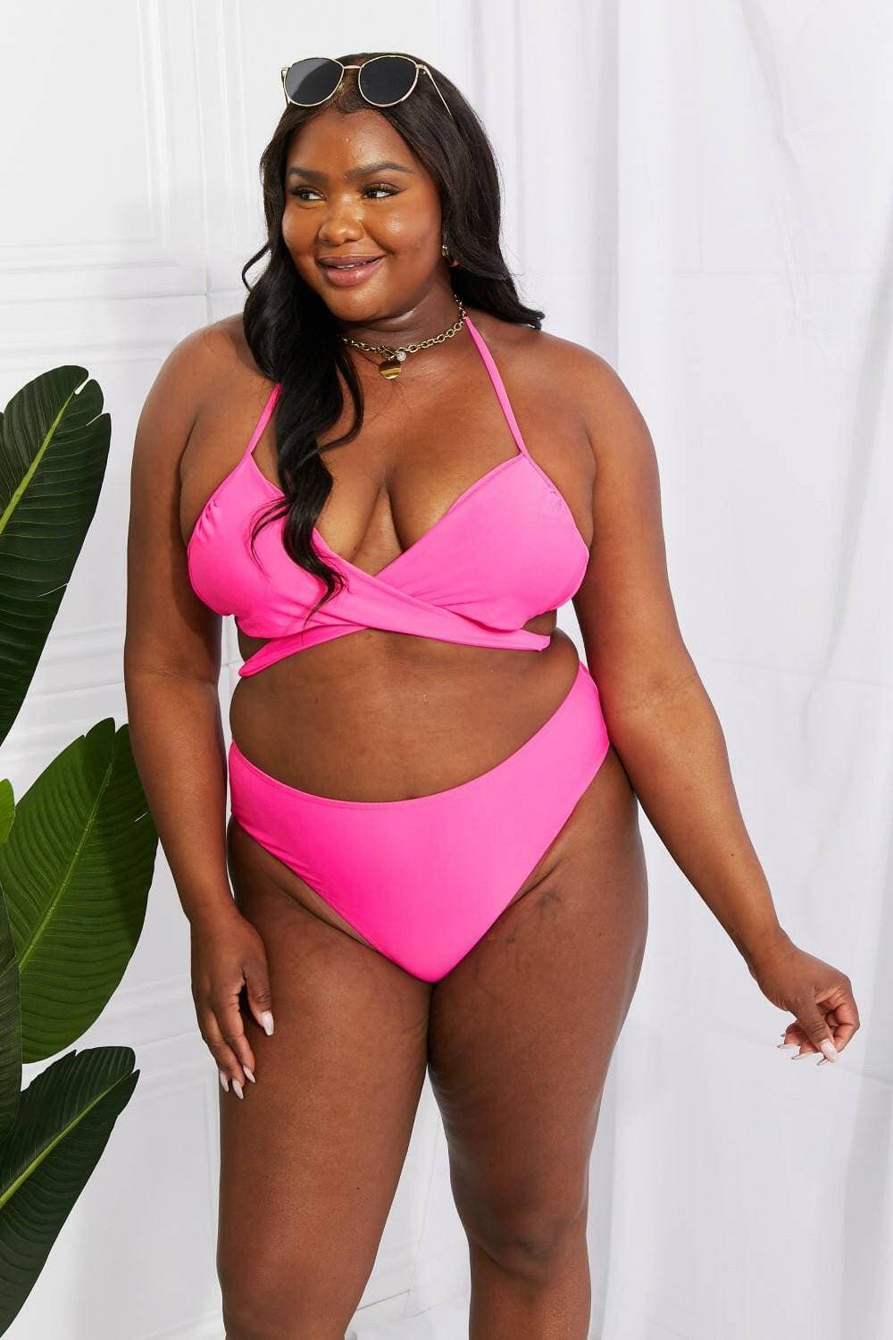 Chic double strap pink bikini set for stylish summer days