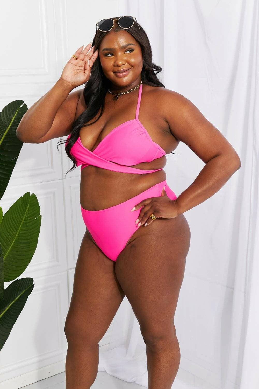 Chic double strap pink bikini set for stylish summer days