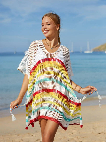 Striped Tassel Accent Beach Cover-Up with CutoutsStand Out in Style
 
 Chic cutouts and trendy stripes elevate your beach look
 

 Effortlessly Stylish
 
 Playful tassel accent for a fun and fashionable touch
 

 VLove Salve Striped Tassel Accent Beach Cover-swimwear