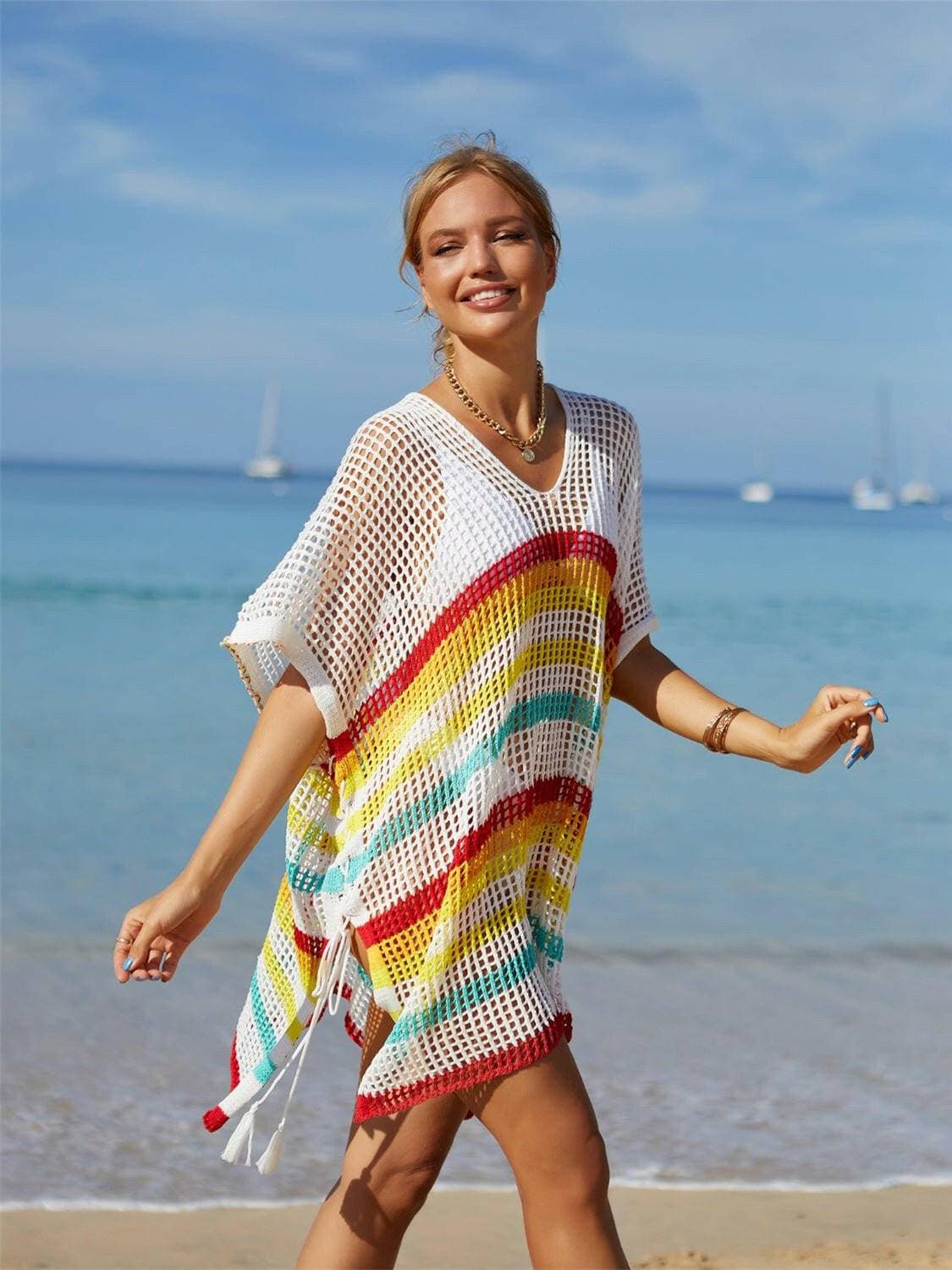 Striped Tassel Accent Beach Cover-Up with CutoutsStand Out in Style
 
 Chic cutouts and trendy stripes elevate your beach look
 

 Effortlessly Stylish
 
 Playful tassel accent for a fun and fashionable touch
 

 VLove Salve Striped Tassel Accent Beach Cover-swimwear