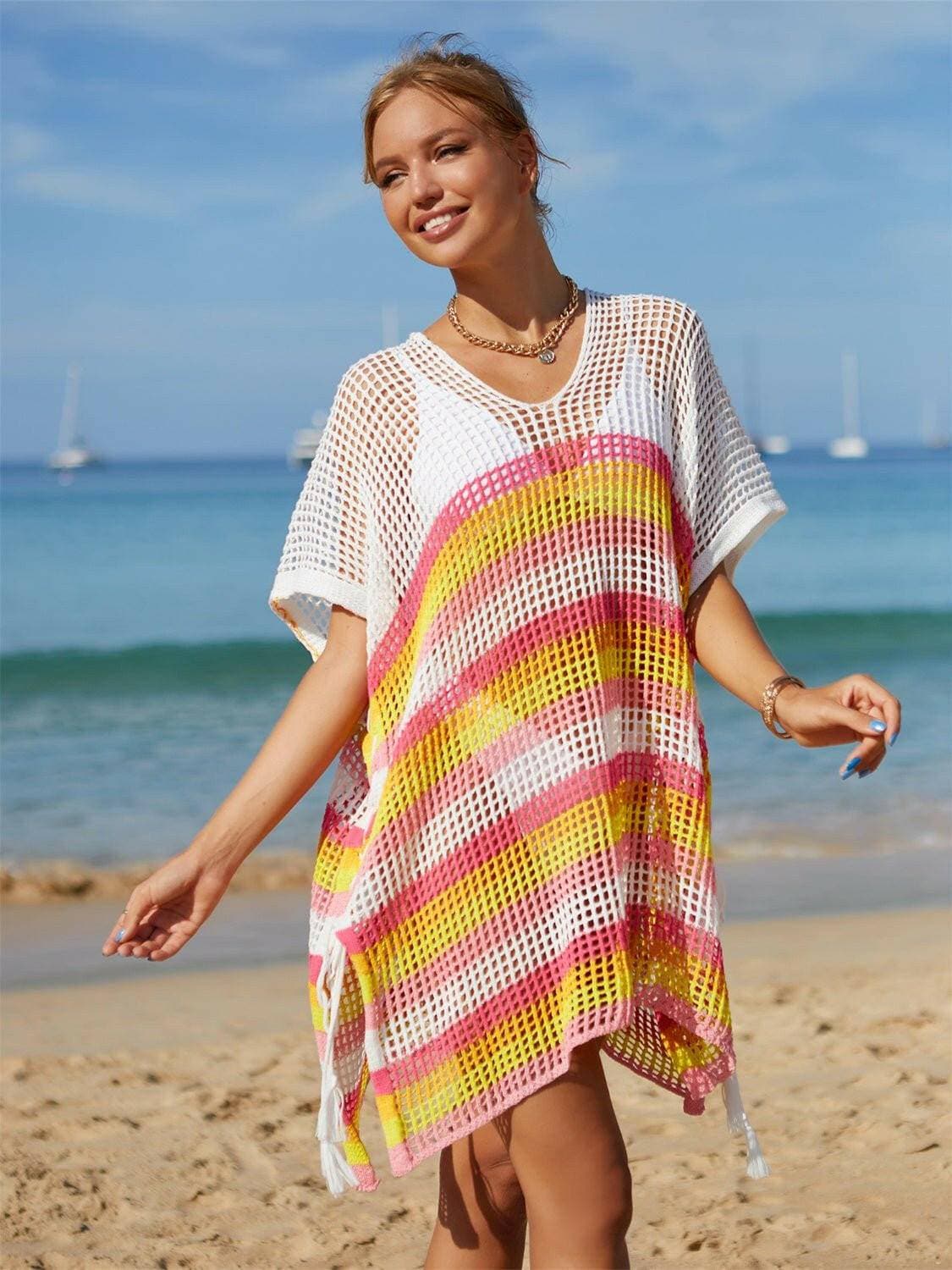 Striped Tassel Accent Beach Cover-Up with CutoutsStand Out in Style
 
 Chic cutouts and trendy stripes elevate your beach look
 

 Effortlessly Stylish
 
 Playful tassel accent for a fun and fashionable touch
 

 VLove Salve Striped Tassel Accent Beach Cover-swimwear