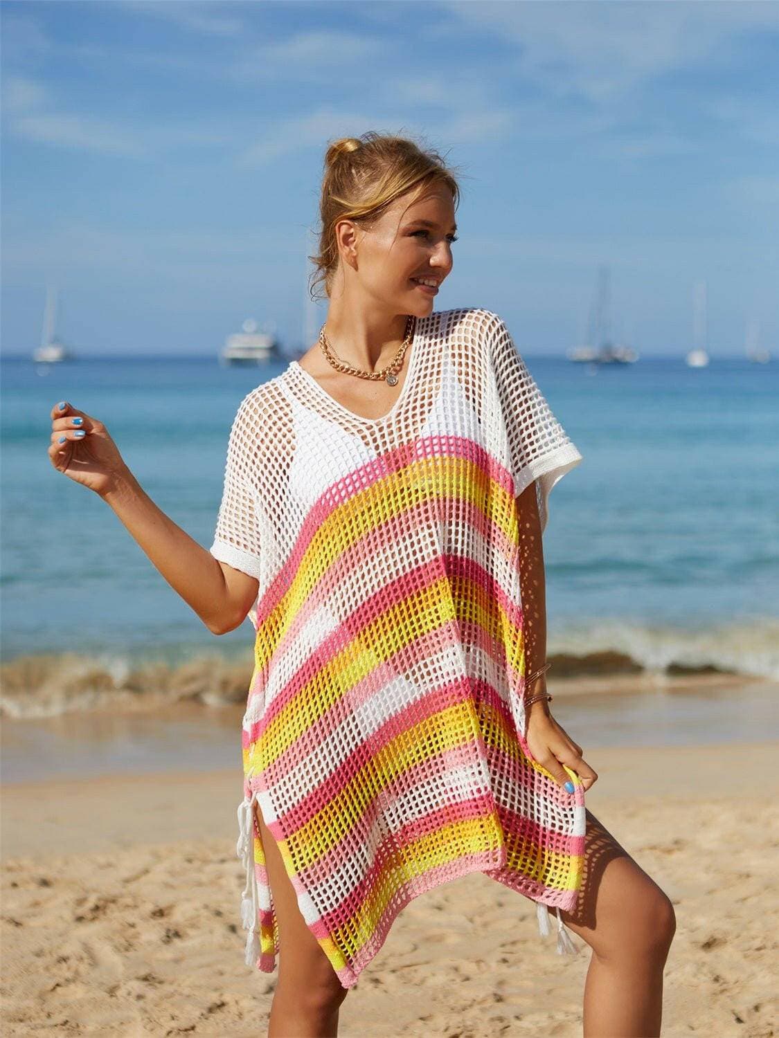 Striped Tassel Accent Beach Cover-Up with CutoutsStand Out in Style
 
 Chic cutouts and trendy stripes elevate your beach look
 

 Effortlessly Stylish
 
 Playful tassel accent for a fun and fashionable touch
 

 VLove Salve Striped Tassel Accent Beach Cover-swimwear