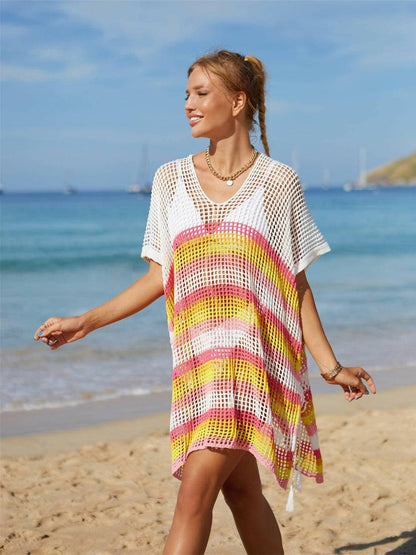 Striped Tassel Accent Beach Cover-Up with CutoutsStand Out in Style
 
 Chic cutouts and trendy stripes elevate your beach look
 

 Effortlessly Stylish
 
 Playful tassel accent for a fun and fashionable touch
 

 VLove Salve Striped Tassel Accent Beach Cover-swimwear