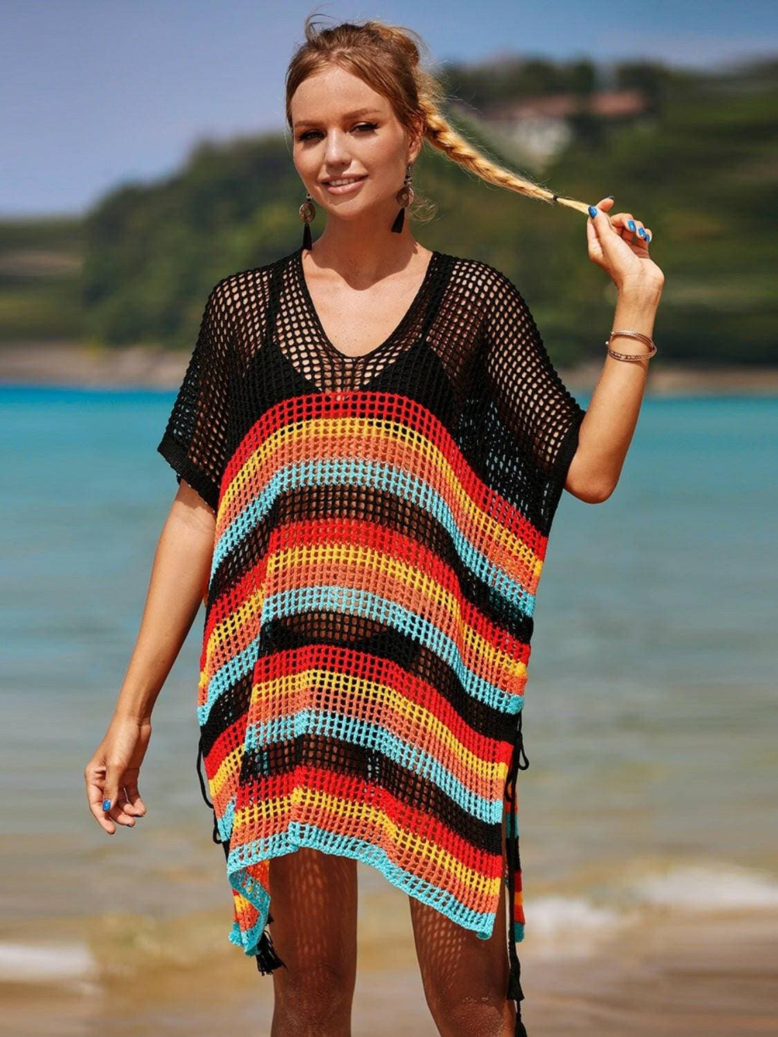 Striped Tassel Accent Beach Cover-Up with CutoutsStand Out in Style
 
 Chic cutouts and trendy stripes elevate your beach look
 

 Effortlessly Stylish
 
 Playful tassel accent for a fun and fashionable touch
 

 VLove Salve Striped Tassel Accent Beach Cover-swimwear