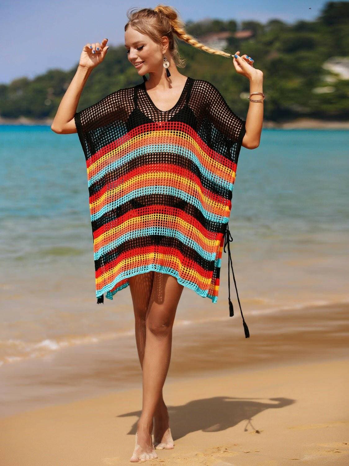 Striped Tassel Accent Beach Cover-Up with CutoutsStand Out in Style
 
 Chic cutouts and trendy stripes elevate your beach look
 

 Effortlessly Stylish
 
 Playful tassel accent for a fun and fashionable touch
 

 VLove Salve Striped Tassel Accent Beach Cover-swimwear