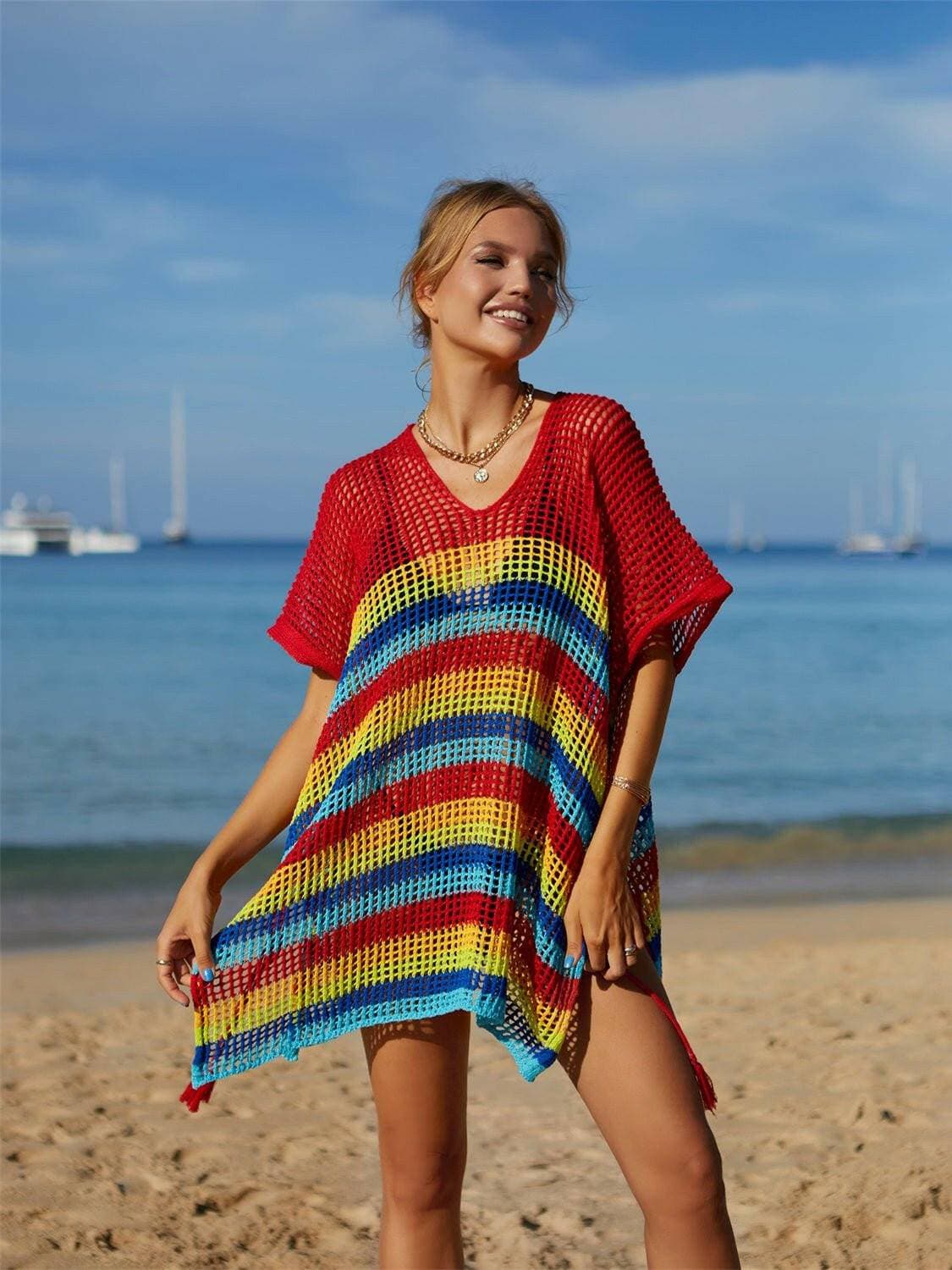 Striped Tassel Accent Beach Cover-Up with CutoutsStand Out in Style
 
 Chic cutouts and trendy stripes elevate your beach look
 

 Effortlessly Stylish
 
 Playful tassel accent for a fun and fashionable touch
 

 VLove Salve Striped Tassel Accent Beach Cover-swimwear