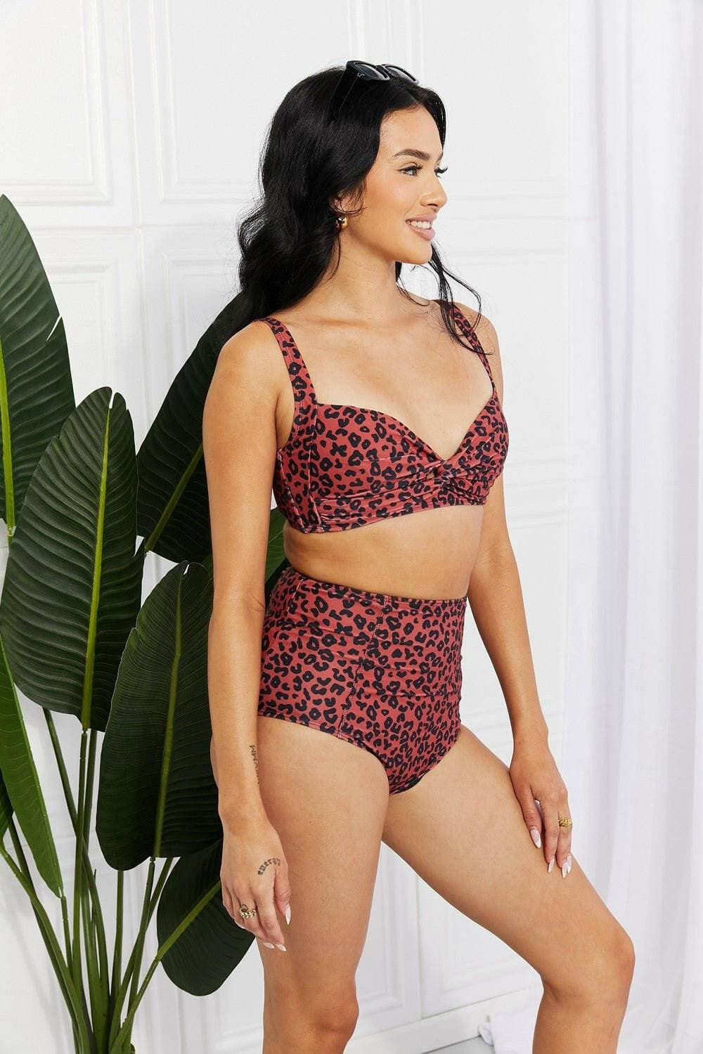 Golden Sands Twist-Front Bikini Set - Ochre Leopard OasisMake a Splash with the Golden Sands Twist-Front Bikini Set
 The Golden Sands Twist-Front Bikini Set in Ochre Leopard Oasis by Marina West Swim is your ultimate compaLove Salve Golden Sands Twist-Front Bikini Set - Ochre Leopard Oasisswimwear