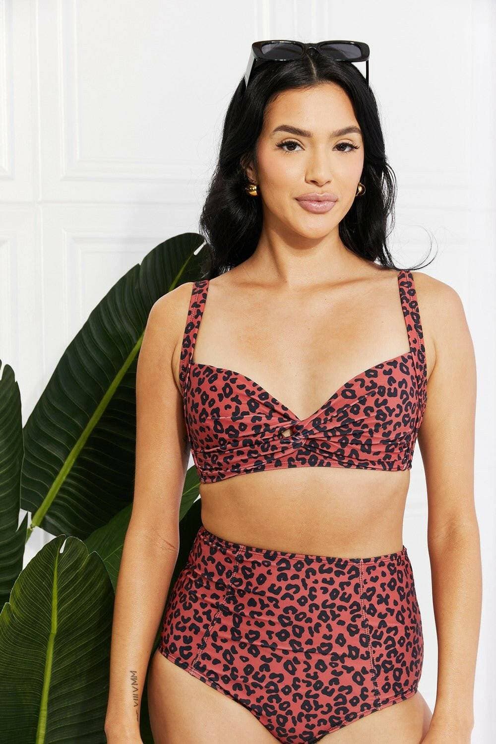 Golden Sands Twist-Front Bikini Set - Ochre Leopard OasisMake a Splash with the Golden Sands Twist-Front Bikini Set
 The Golden Sands Twist-Front Bikini Set in Ochre Leopard Oasis by Marina West Swim is your ultimate compaLove Salve Golden Sands Twist-Front Bikini Set - Ochre Leopard Oasisswimwear