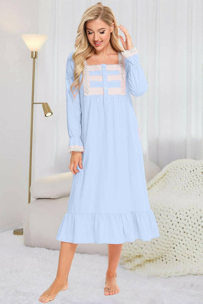 Chic lace-trimmed square neck flutter sleeve sleep gown