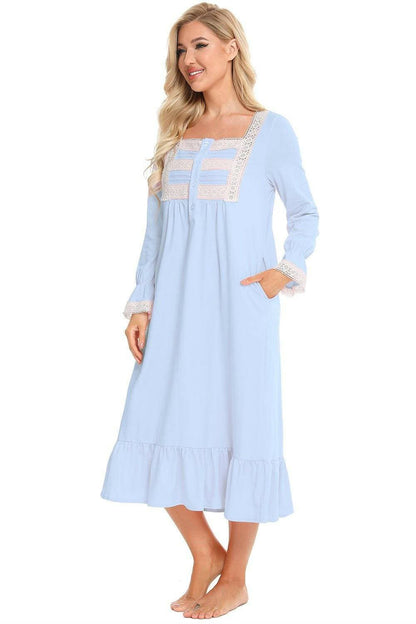 Chic lace-trimmed square neck flutter sleeve sleep gown