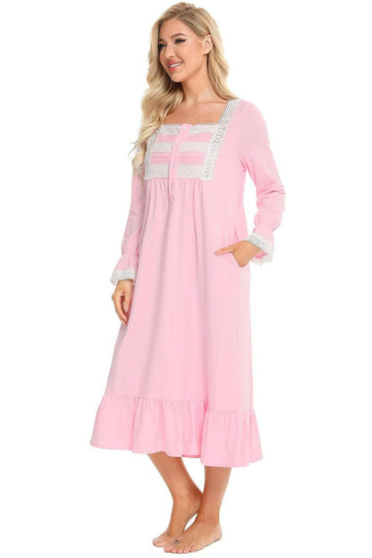 Chic lace-trimmed square neck flutter sleeve sleep gown