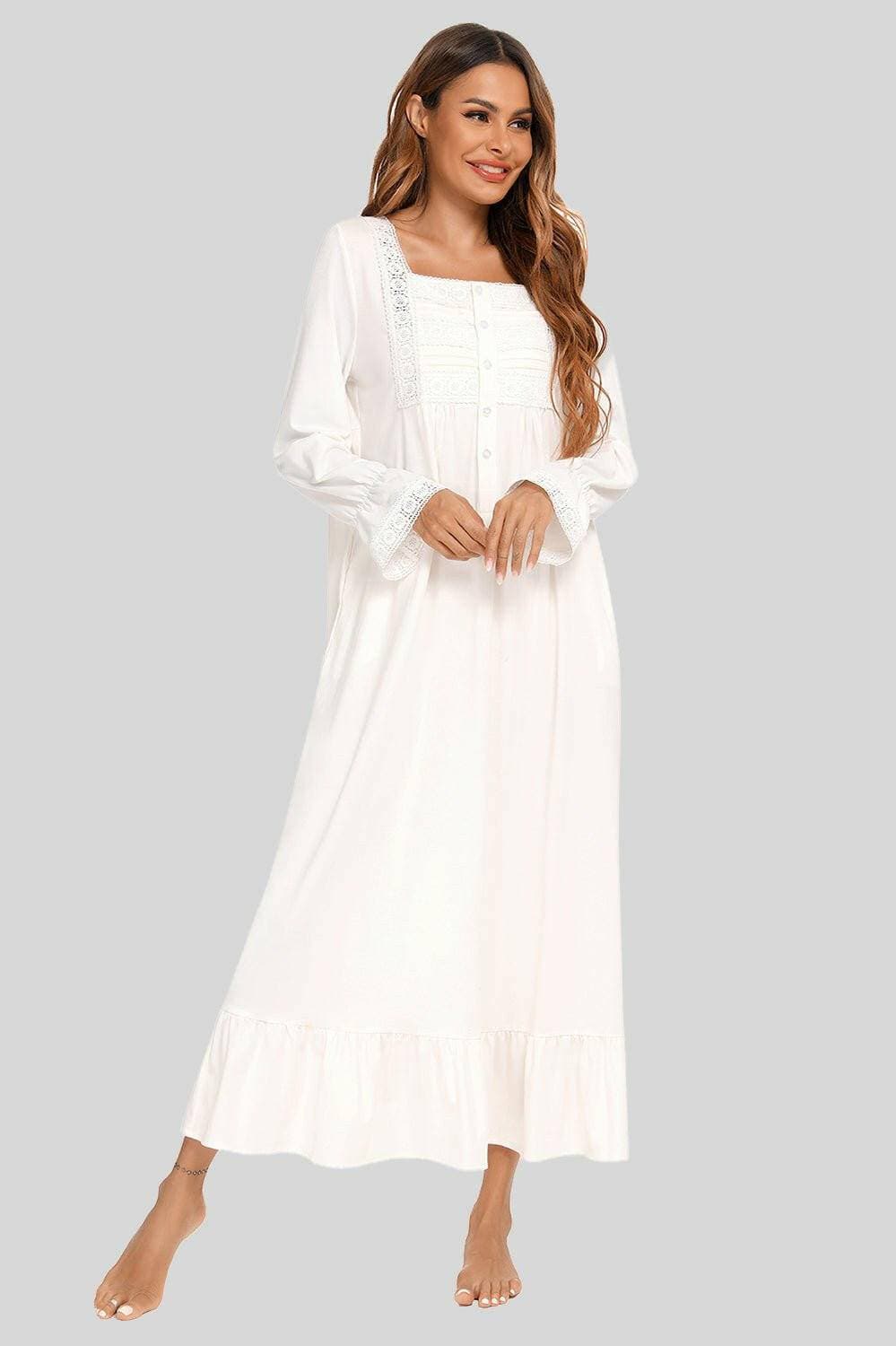 Chic lace-trimmed square neck flutter sleeve sleep gown