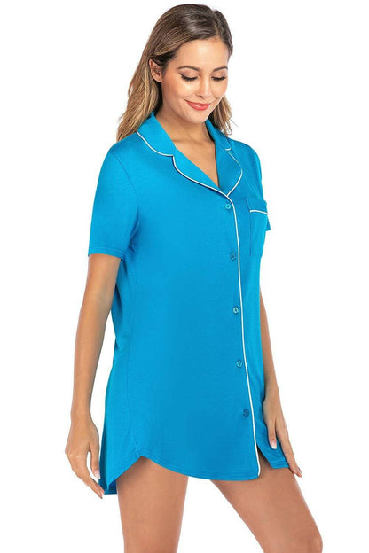 Lounge in Style: Short Sleeve Dress with Pockets and Contrast PipingLounge in Style: Short Sleeve Dress with Pockets and Contrast Piping
 
 
Comfortable Elegance: Elevate your loungewear collection with our luxurious blend of 95% cotLove Salve Short Sleeve Dressswimwear