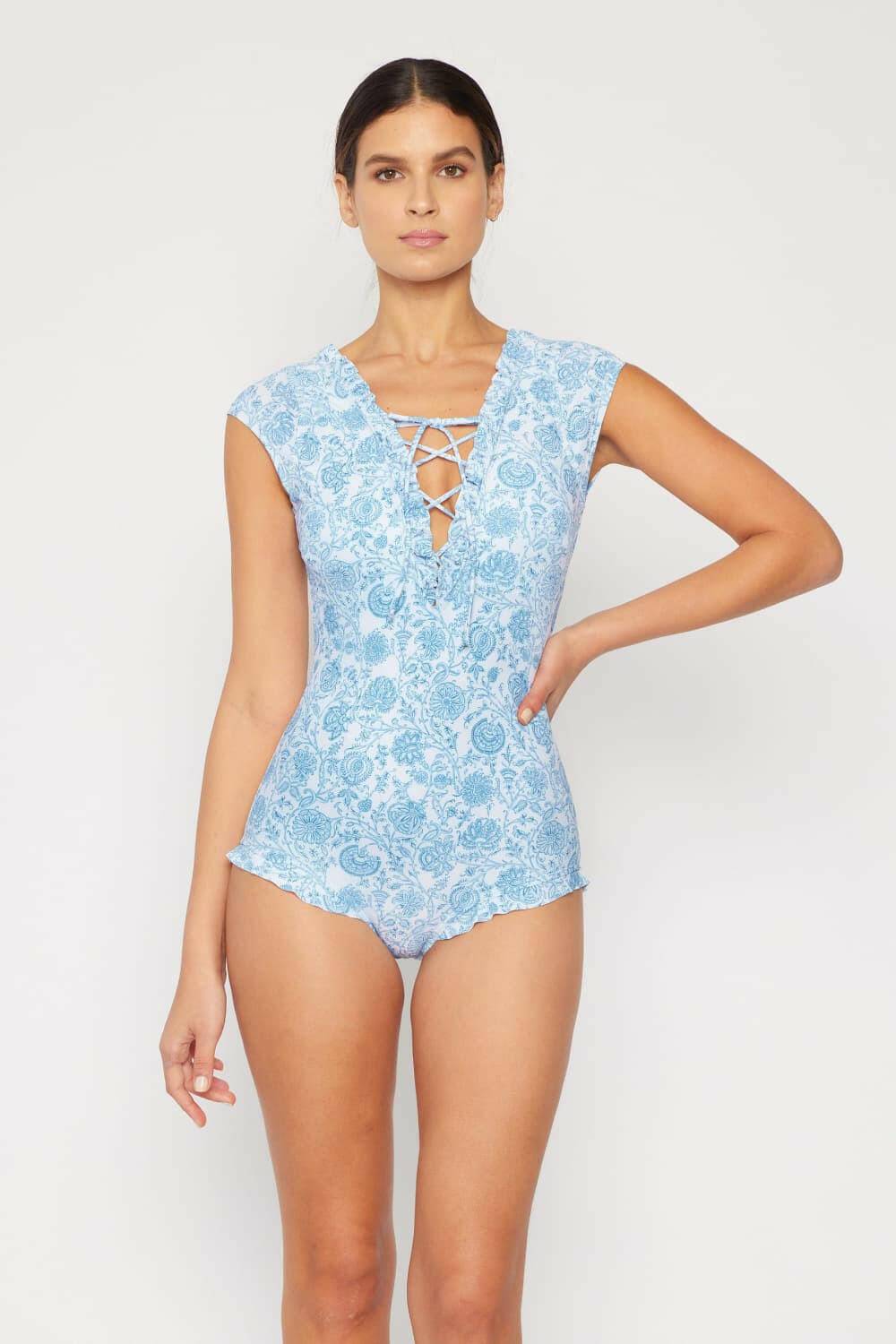 Enchanted Blooms Lace-Up One Piece Swimsuit in Twilight TealUnleash Your Seaside Allure
 Experience the perfect blend of style and comfort with the Enchanted Blooms Lace-Up One Piece Swimsuit in Twilight Teal. This stunning sLove Salve Enchanted Blooms Lace-swimwear