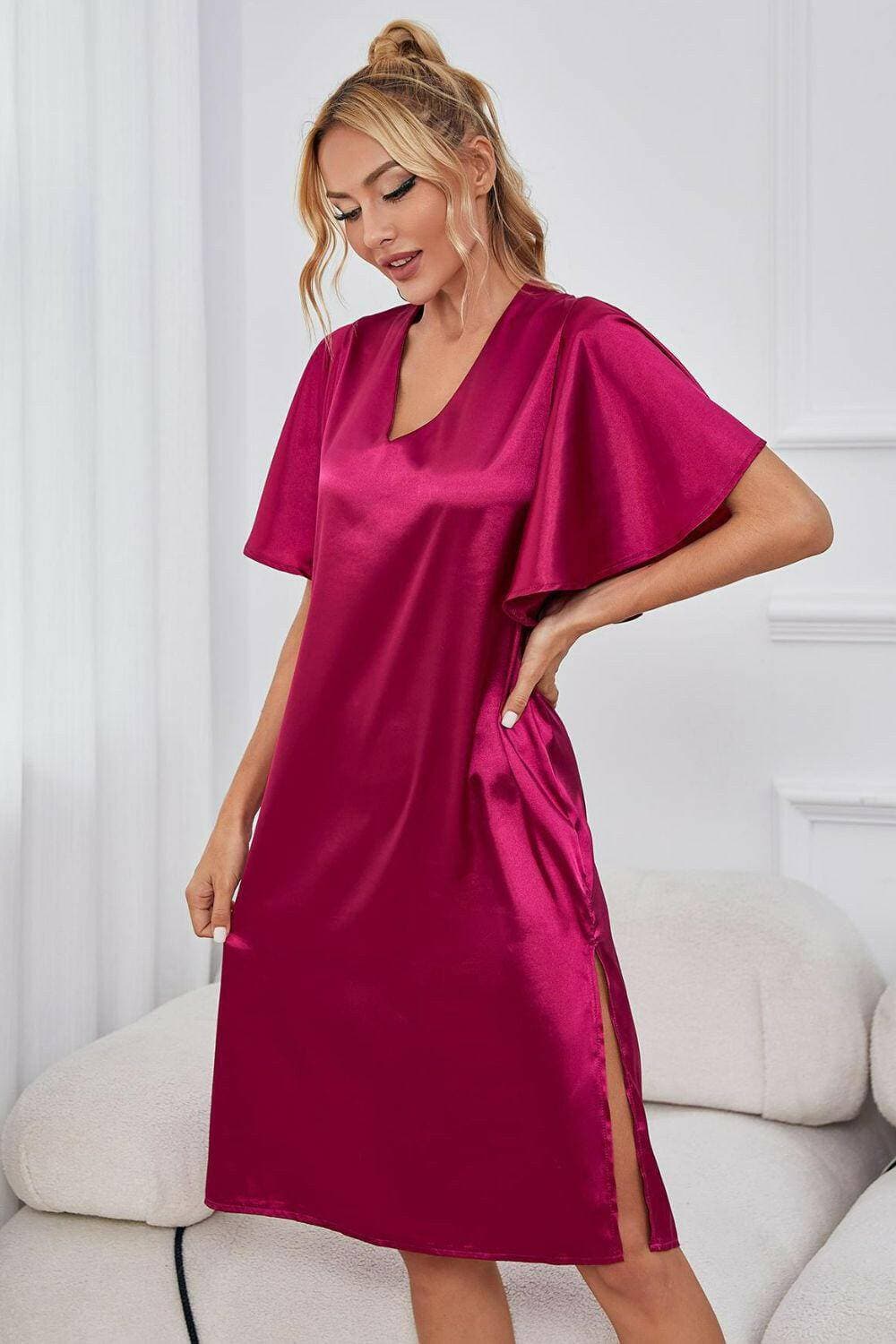 Satin V-neck nightgown with flutter sleeves in luxurious material.