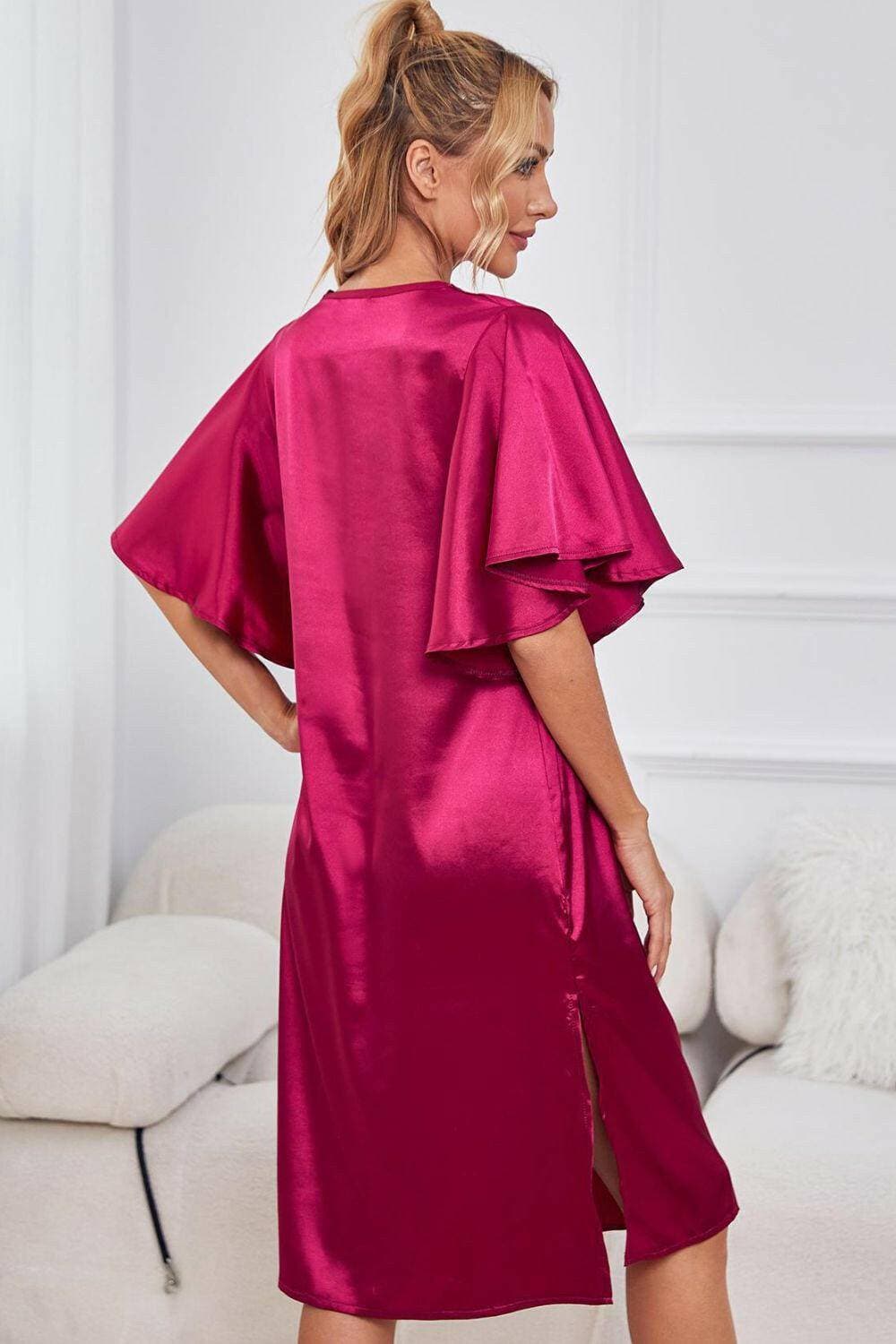 Elegant Satin V-Neck Night Dress with Flutter SleevesElegant Satin V-Neck Night Dress with Flutter Sleeves
 Indulge in pure luxury with our Elegant Satin V-Neck Night Dress, designed to elevate your nighttime routine wLove Salve -Neck Night Dressswimwear