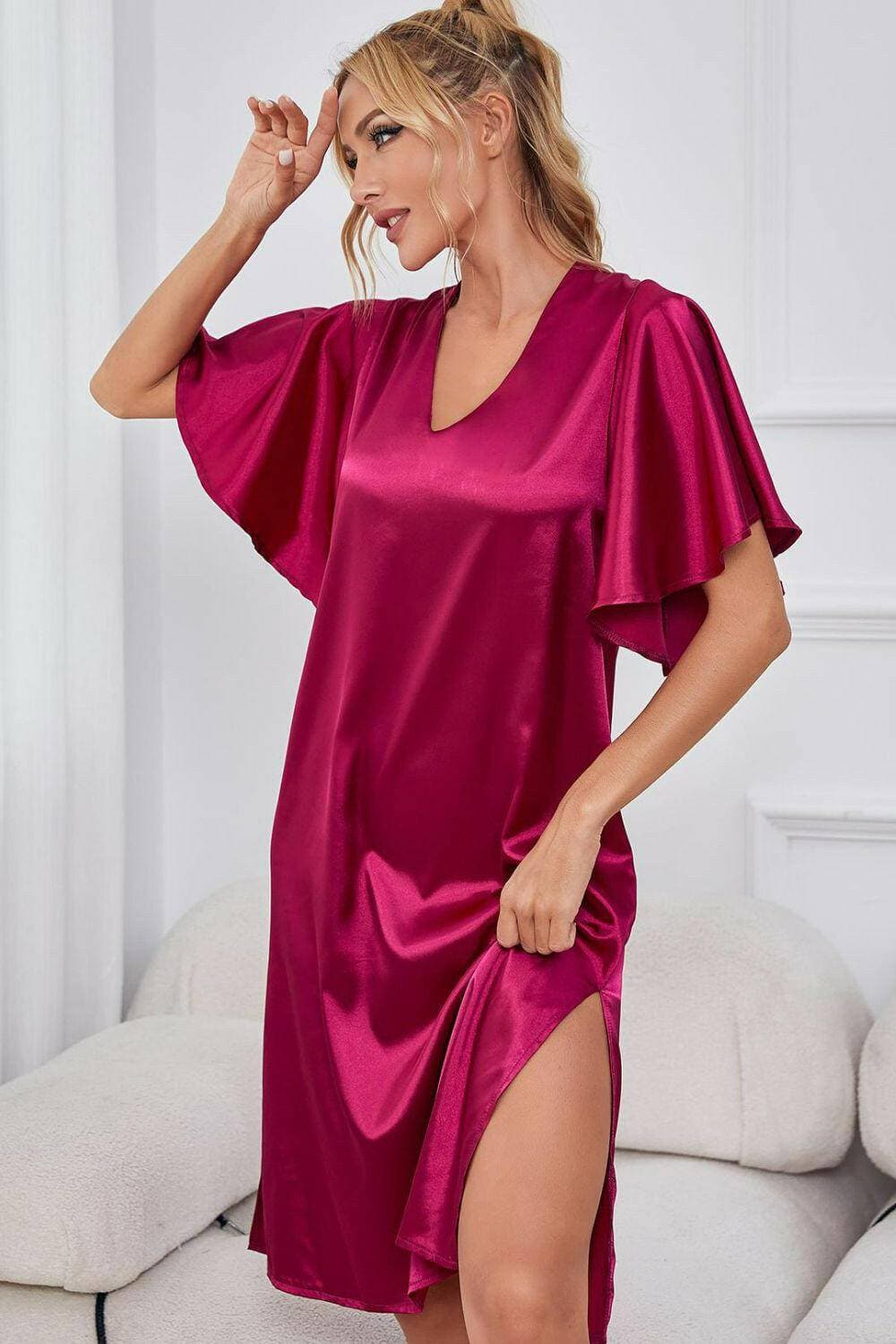 Elegant Satin V-Neck Night Dress with Flutter SleevesElegant Satin V-Neck Night Dress with Flutter Sleeves
 Indulge in pure luxury with our Elegant Satin V-Neck Night Dress, designed to elevate your nighttime routine wLove Salve -Neck Night Dressswimwear