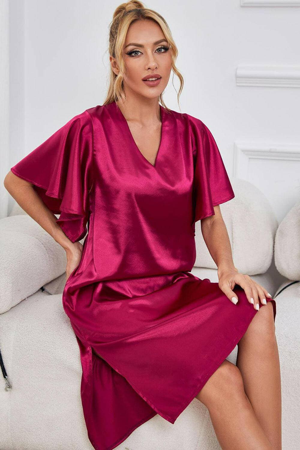 Elegant Satin V-Neck Night Dress with Flutter SleevesElegant Satin V-Neck Night Dress with Flutter Sleeves
 Indulge in pure luxury with our Elegant Satin V-Neck Night Dress, designed to elevate your nighttime routine wLove Salve -Neck Night Dressswimwear